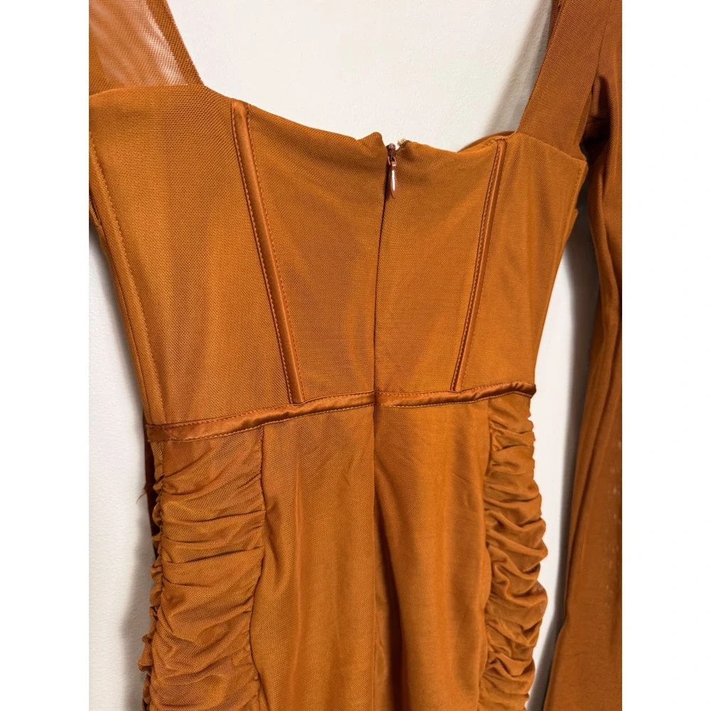 Oh Polly Corset Long Sleeve Mesh Mini Dress Baddie Hot Rouched Sheer Brown 2 - Picture 7 of 13